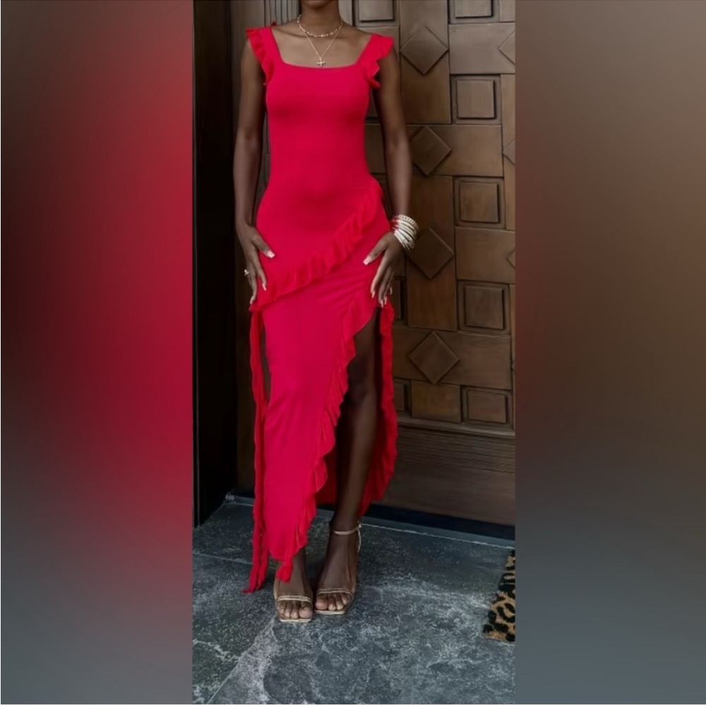 Elegant Red Ruffle Maxi Dress